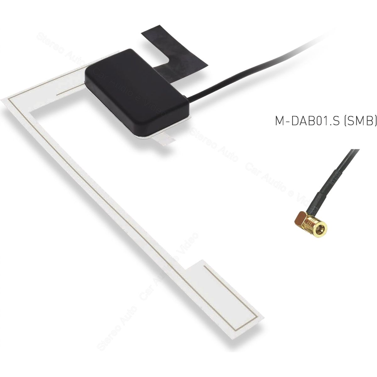 Antenna DAB per parabrezza Auto Furgone Camper Macrom M-DAB01.S SMB, con connettore SMB a 90°, adesiva universale