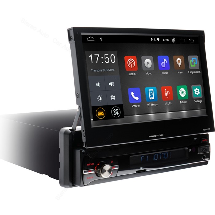 Monitor autoradio Macrom T6562BT, sintomonitor 1 din, schermo motorizzato 7 pollici, wi-fi, bluetooth, mirroring smartphone.