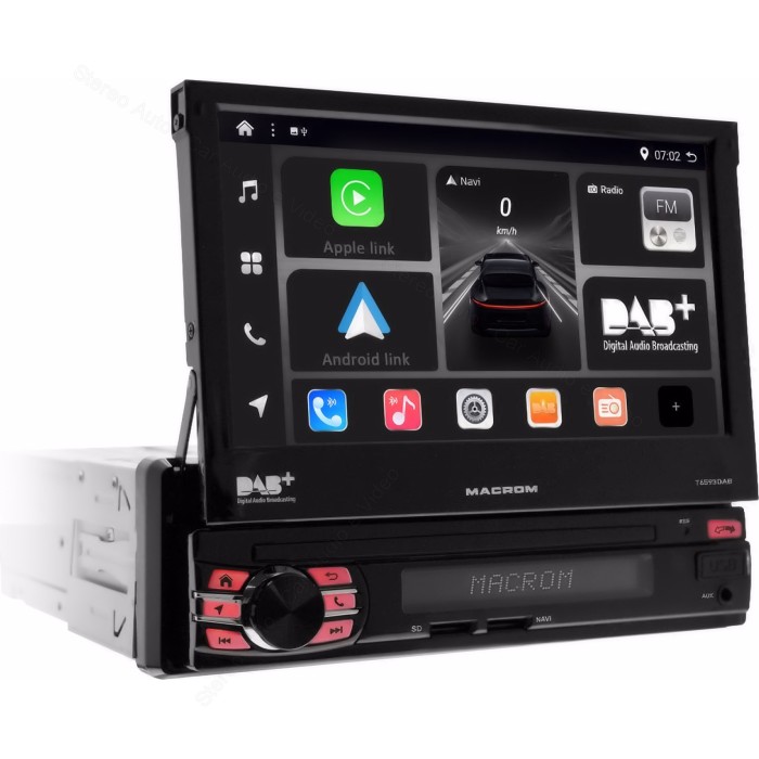 Monitor autoradio Macrom T6593DAB, sintomonitor 1 din, schermo motorizzato 7 pollici, wi-fi, bluetooth, carplay, android auto.