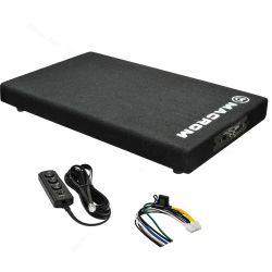 Subwoofer amplificato piatto per baule auto, Macrom M-SW250A, cassa sottile bass reflex con amplificatore.