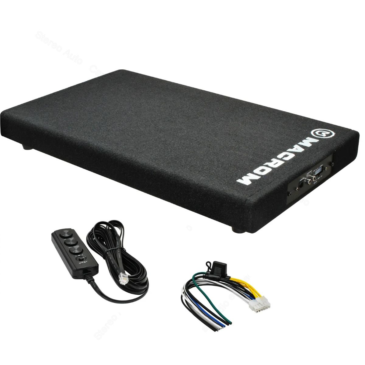 Subwoofer amplificato piatto per baule auto, Macrom M-SW250A, cassa sottile bass reflex con amplificatore.