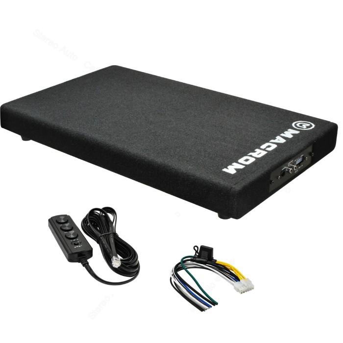 Subwoofer amplificato piatto per baule auto, Macrom M-SW250A, cassa sottile bass reflex con amplificatore.
