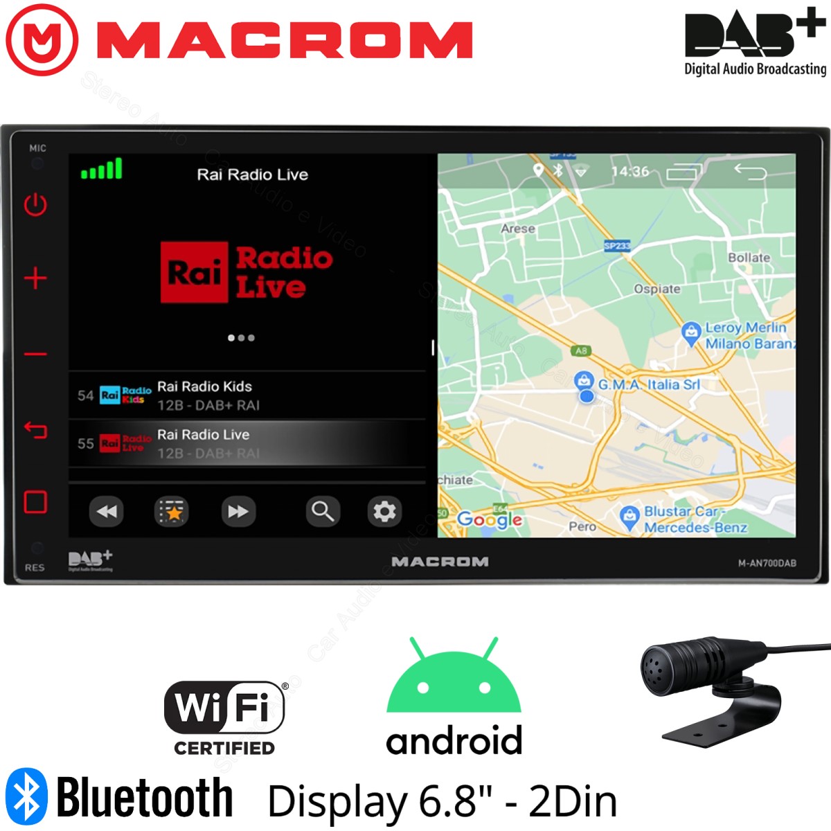 Autoradio monitor 2 din Macrom M-AN700DAB, Wi-Fi, Bluetooth, DAB, USB