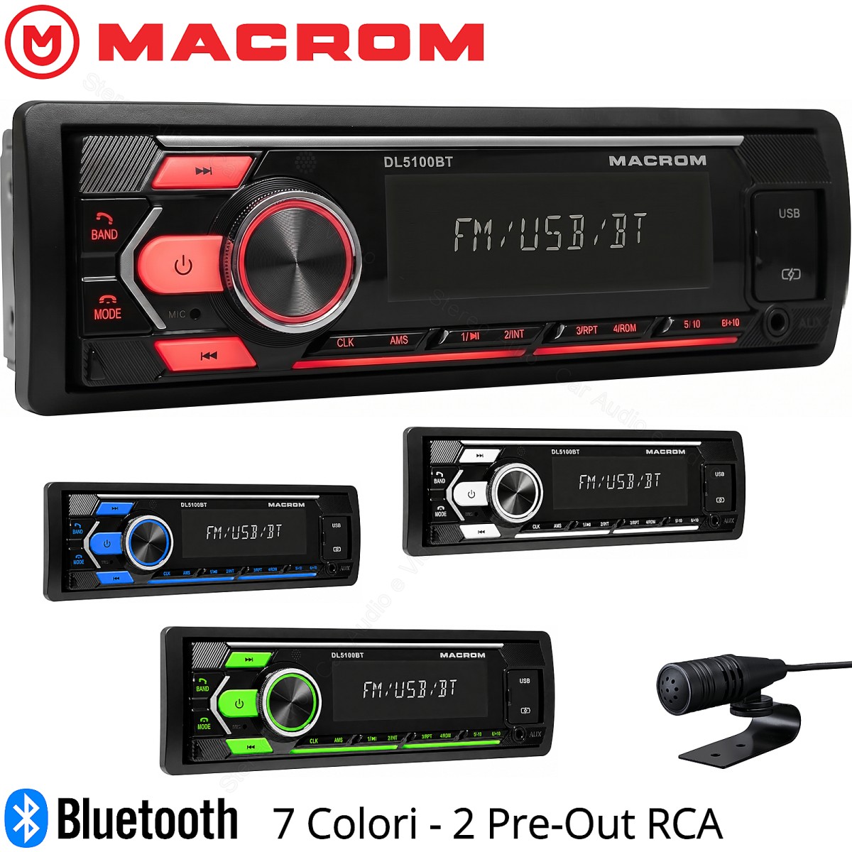 Autoradio 1 din Macrom M-DL5100BT, Bluetooth, USB, Ingresso Aux-In, Uscite RCA, Uscita Subwoofer