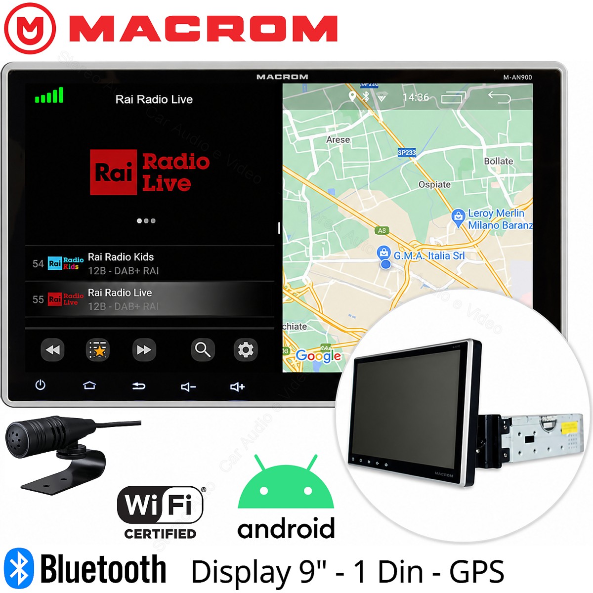 Autoradio monitor 1 din Macrom M-AN900, Wi-Fi, Bluetooth, USB, Sistema Operativo Android 10, GPS Integrato