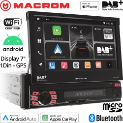 Monitor autoradio Macrom T6593DAB, sintomonitor 1 din, schermo motorizzato 7 pollici, wi-fi, bluetooth, carplay, android auto.