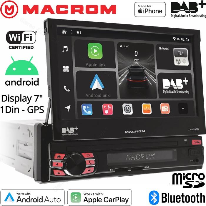 Monitor autoradio Macrom T6593DAB, sintomonitor 1 din, schermo motorizzato 7 pollici, wi-fi, bluetooth, carplay, android auto.
