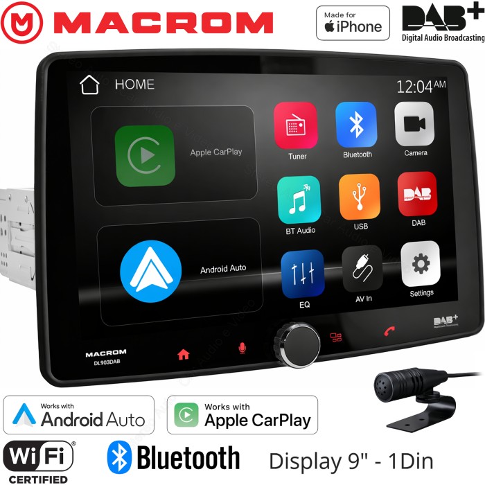 Monitor autoradio Macrom DL903DAB, sintomonitor 1 din, schermo 9 pollici estraibile, wi-fi, bluetooth, dab.