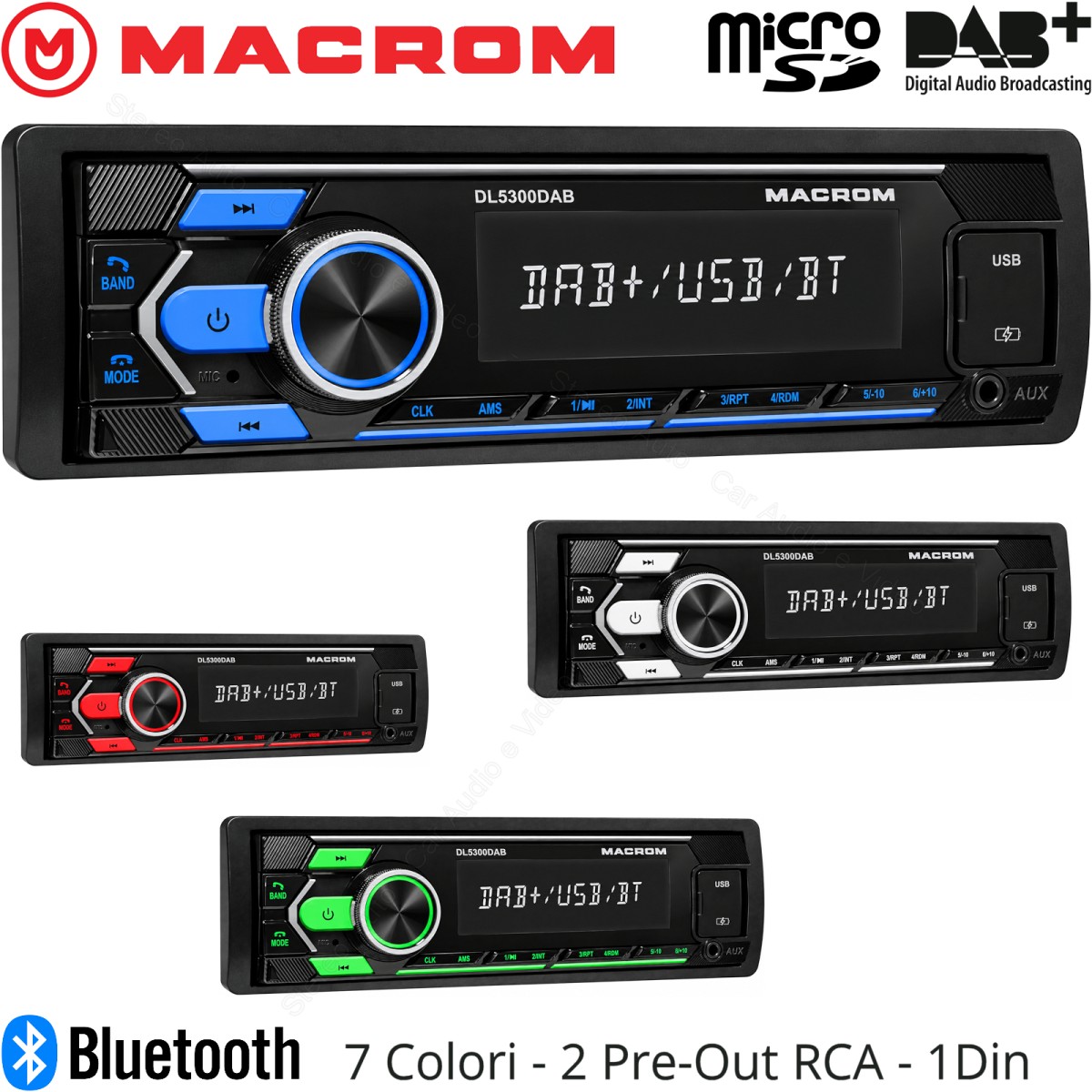 Autoradio 1 din Macrom M-DL5300DAB, Bluetooth, DAB, USB, Ingresso Aux-In, Uscite RCA, Uscita Subwoofer.
