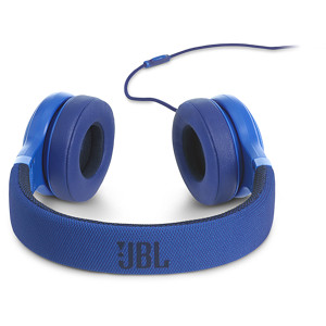 Cuffie per telefono cellulare, stereo on-ear sovraurali, modello JBL E35. Vista del modello blu.