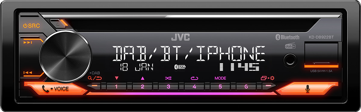 Autoradio 1 din, stereo per auto JVC KD-DB922BT, vivavoce bluetooth, dab fm, cd, usb, aux-in, 3 pre-out rca, colori modificabili.