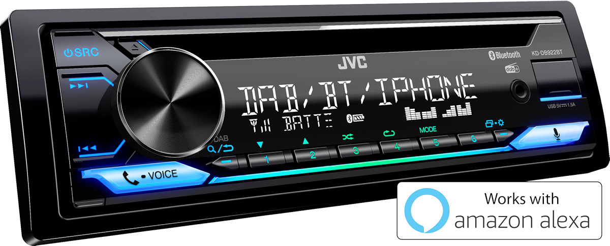 Autoradio 1 din, stereo per auto, modello JVC KD-DB922BT, compatibile con l'assistente vocale amazon alexa.