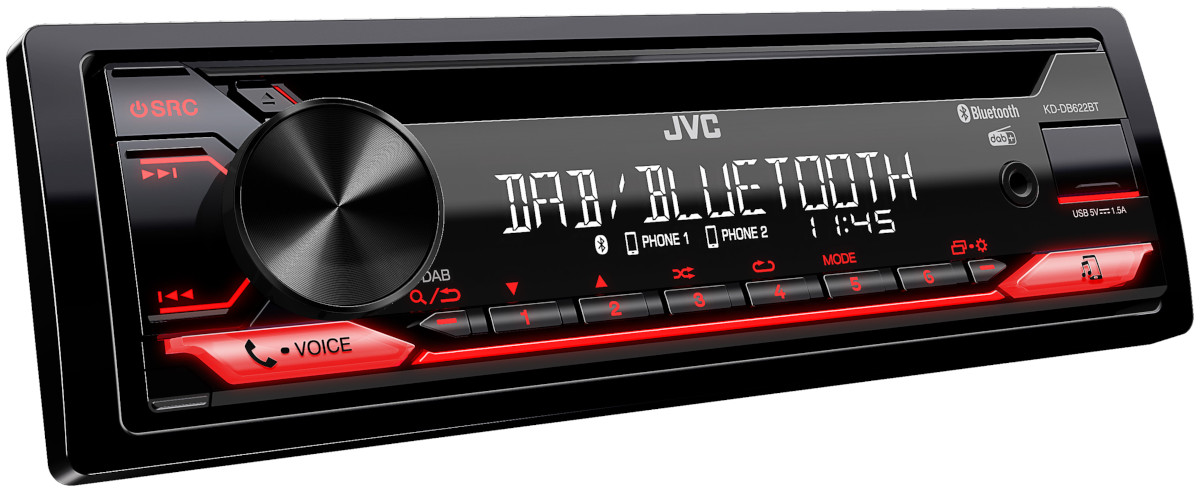 Autoradio 1 din, stereo per auto, modello JVC KD-DB622BT, vivavoce bluetooth e streaming audio musicale,  sintonizzatore radio digitale dab e ricevitore fm am, lettore cd, porta usb compatibile ipod iphone,  ingresso audio aux-in, uscite pre-out rca o uscita per subwoofer, illuminazione tasti colore rosso.