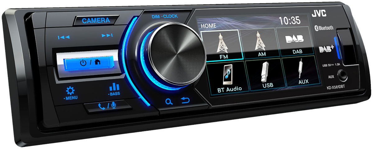 Monitor autoradio JVC KD-X561DBT, sintomonitor 1 din, con schermo touch, vivavoce bluetooth e streaming audio musicale, sintonizzatore radio digitale dab e ricevitore fm am, porta usb, ingresso audio aux-in, uscite pre-out rca, uscita per subwoofer, ingresso telecamera di retromarcia, colore illuminazione tasti blu.