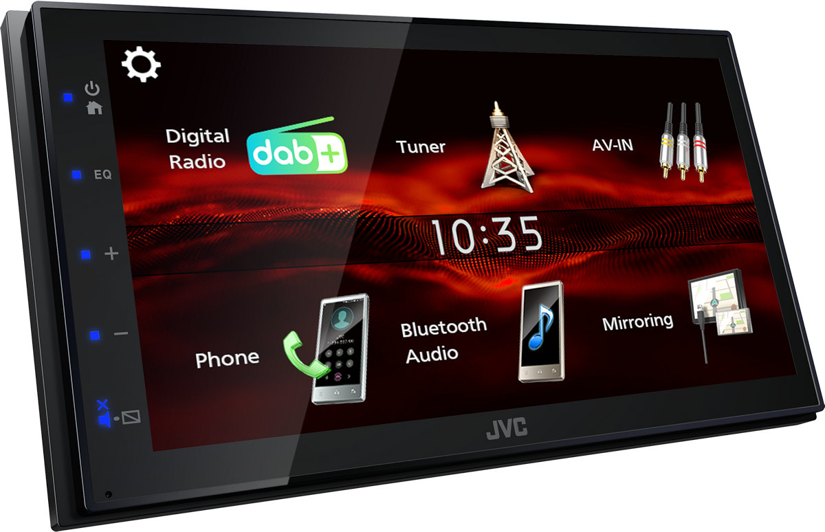 Monitor autoradio JVC KW-M180DBT, sintomonitor 2 din, schermo 6.8 pollici, vivavoce bluetooth e streaming audio,  sintonizzatore radio digitale dab e ricevitore fm am, porta usb, ingresso audio aux-in, uscite pre-out rca, uscita per subwoofer,  ingresso retrocamera (telecamera di retromarcia), colore illuminazione tasti blu.