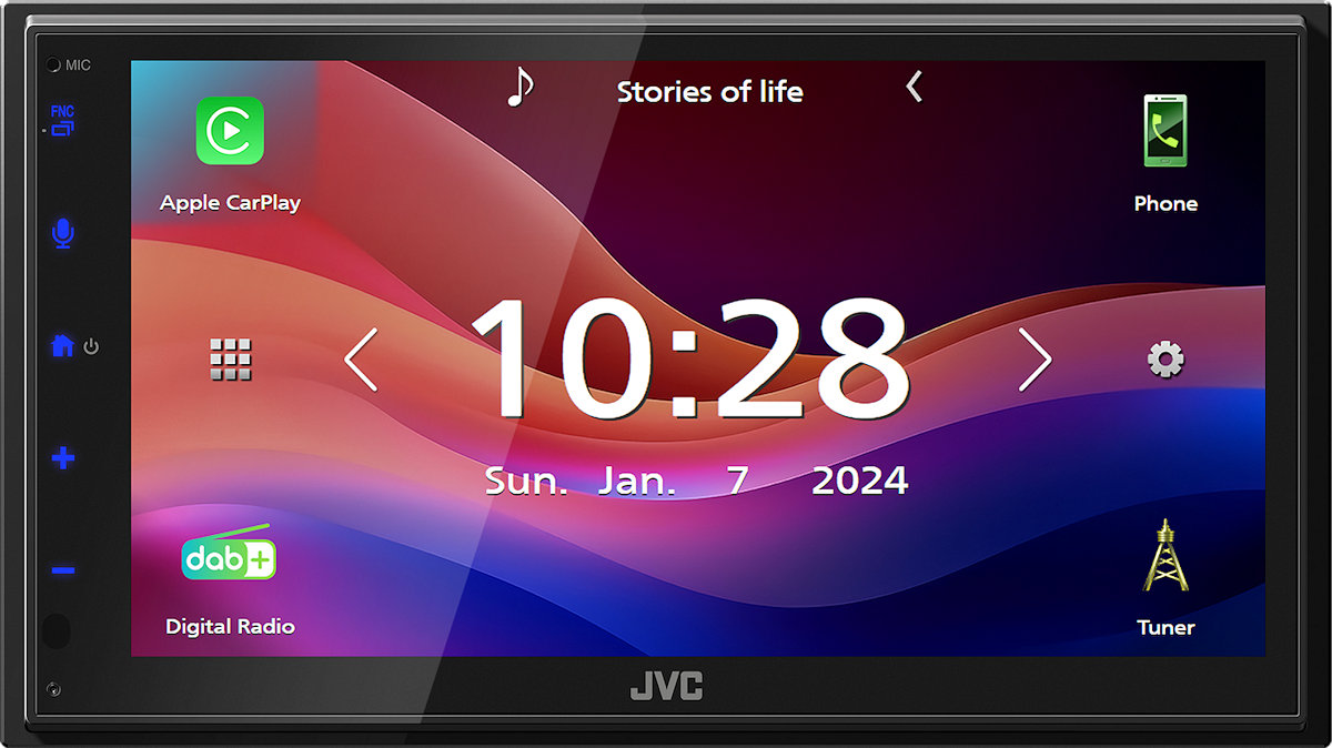 Monitor autoradio JVC KW-M595DBT, sintomonitor 2 din, con schermo touch, vivavoce bluetooth e streaming audio musicale,  sintonizzatore radio digitale dab e ricevitore fm am, porta usb, ingresso audio aux-in, uscite pre-out rca, uscita per subwoofer,  apple carplay ed android auto, ingresso telecamera di retromarcia, colore illuminazione tasti blu.