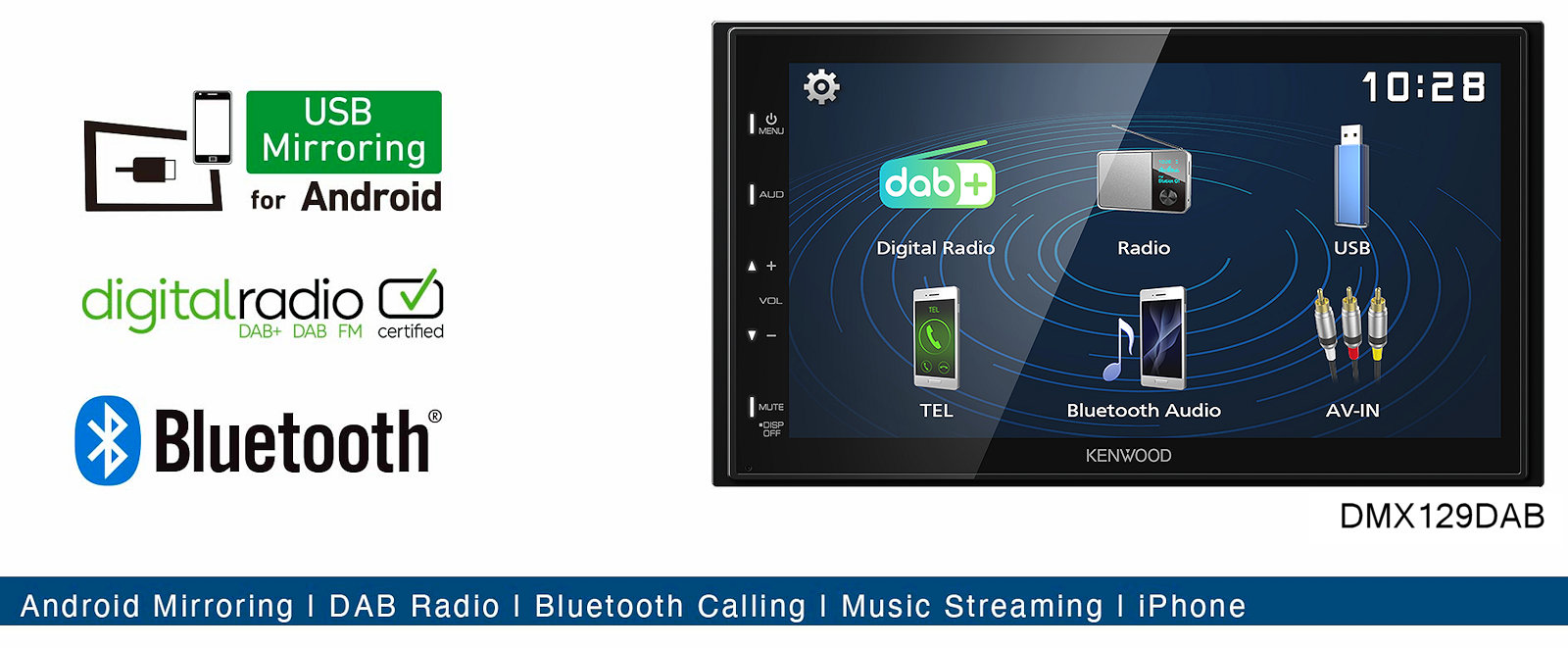 Monitor autoradio 2 din Kenwood DMX129DAB, android usb mirroring, bluetooth, radio digitale dab +.