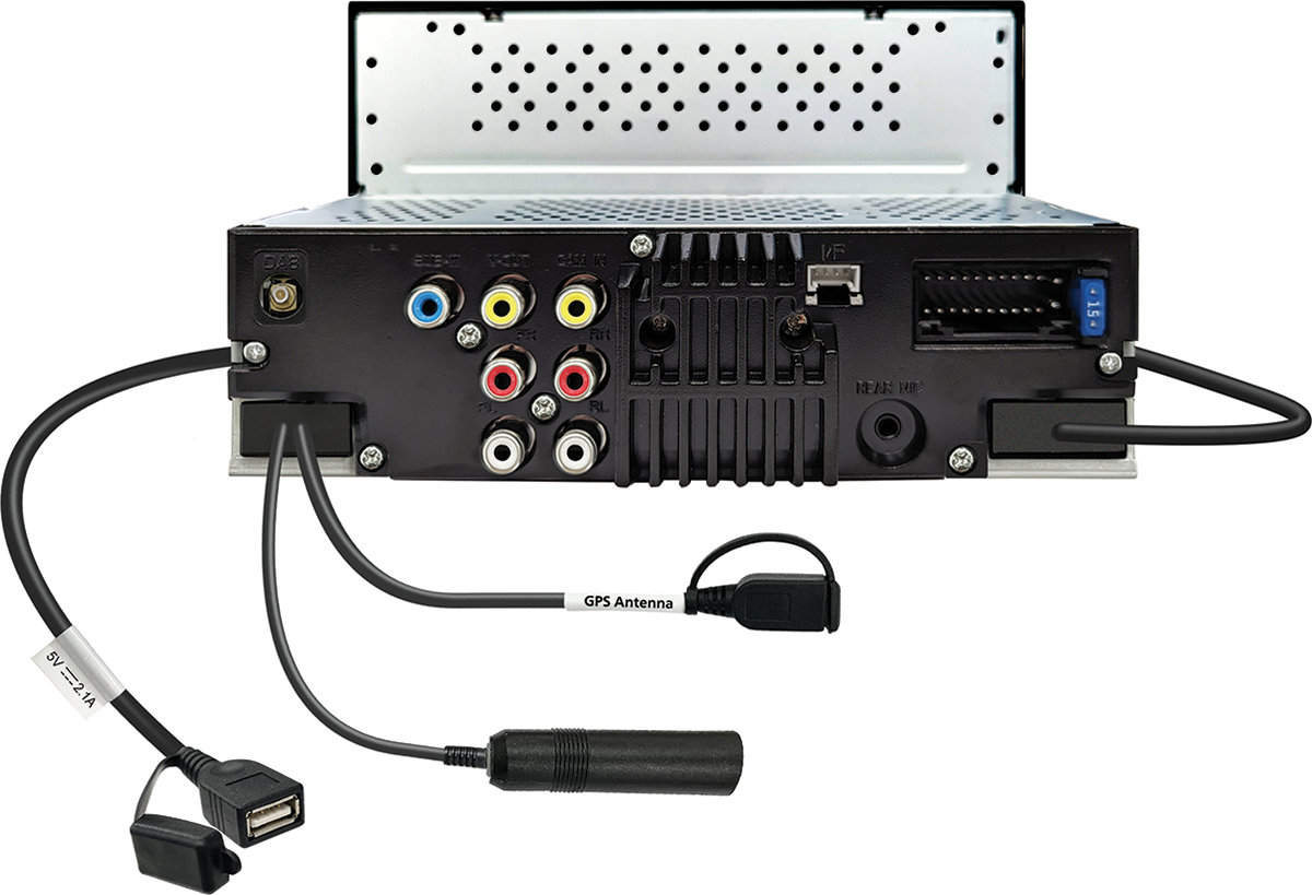 Monitor autoradio Kenwood DMX6523DABS, vista del pannello posteriore con le connessioni ed i collegamenti, ingressi ed uscite completi.