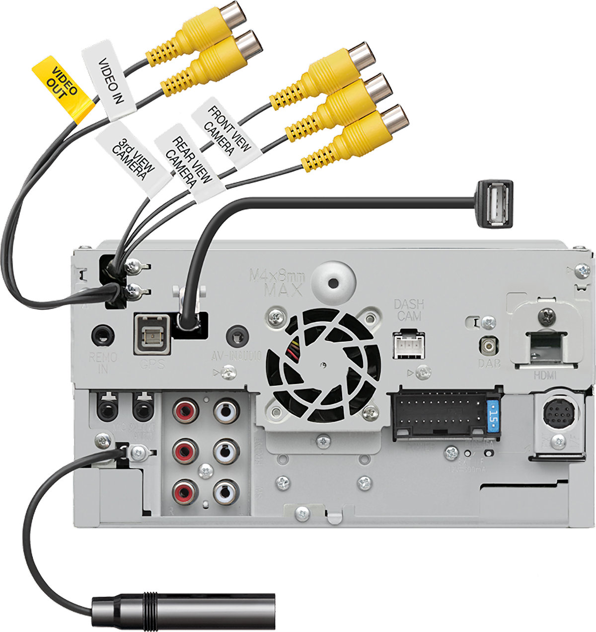 Monitor autoradio Kenwood DMX9720XDS, vista del pannello posteriore con le connessioni ed i collegamenti, ingressi ed uscite completi.