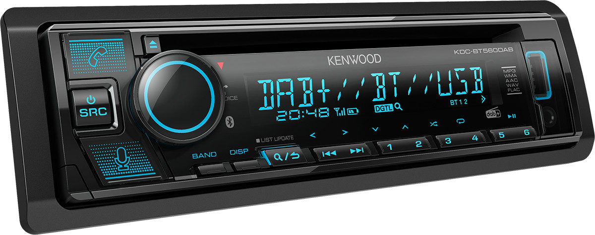 Autoradio 1 din, stereo per auto, modello Kenwood KDC-BT560DAB, vivavoce bluetooth e streaming audio musicale, sintonizzatore radio digitale dab con antenna inclusa e ricevitore fm am, lettore cd, porta usb compatibile ipod iphone, ingresso audio aux-in, uscite pre-out rca o uscita per subwoofer, illuminazione display e tasti colori variabili modificabili. Vista frontalino accesa.