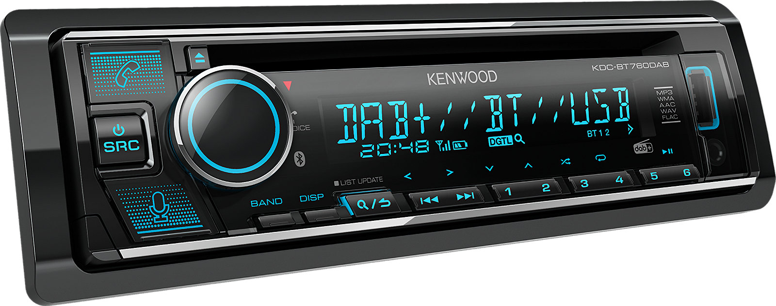 Autoradio 1 din, stereo per auto, modello Kenwood KDC-BT760DAB, vivavoce bluetooth e streaming audio musicale, sintonizzatore radio digitale dab con antenna inclusa e ricevitore fm am, lettore cd, porta usb compatibile ipod iphone, ingresso audio aux-in, 2 uscite pre-out rca e uscita per subwoofer, illuminazione display e tasti colori variabili modificabili. Vista frontalino accesa.