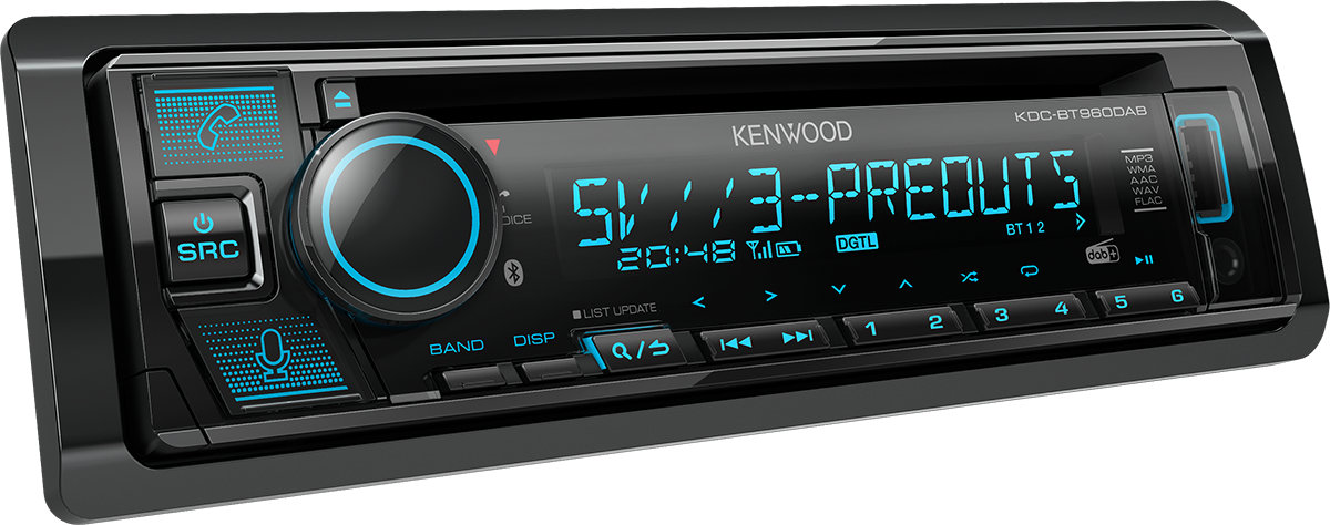 Autoradio 1 din stereo per auto, Kenwood KDC-BT960DAB, cd, dab, fm, bluetooth, usb, aux-in, 3 uscite rca, colori modificabili