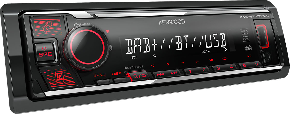 Autoradio 1 din, stereo per auto, modello Kenwood KMM-BT408DAB, sintonizzatore radio digitale dab e ricevitore fm am,  vivavoce bluetooth e streaming audio musicale, porta usb, ingresso audio aux-in, uscite pre-out rca o uscita per subwoofer,  colore illuminazione display bianco e tasti rosso.