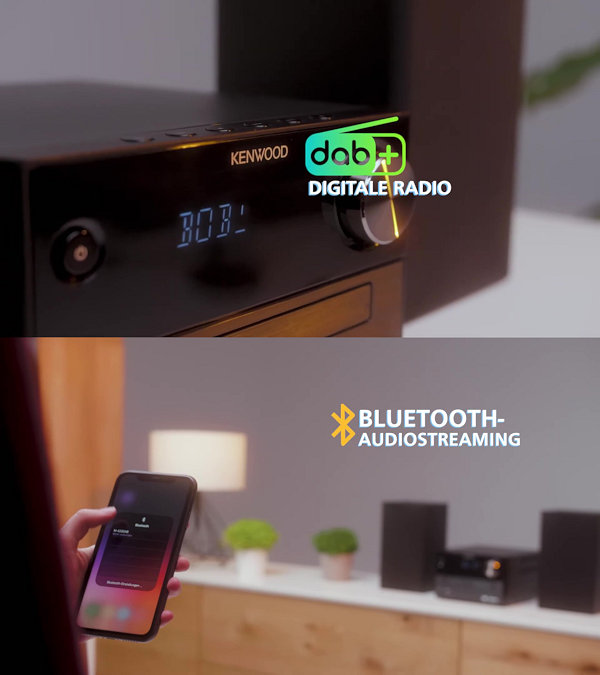 Micro impianto hi-fi stereo compatto, modello Kenwood M-420DAB, con streaming audio bluetooth wireless senza fili, sintonizzatore radio fm e dab+, lettore cd, porta usb mp3, ingresso aux-in, due casse da scaffale a 2 vie bass reflex.