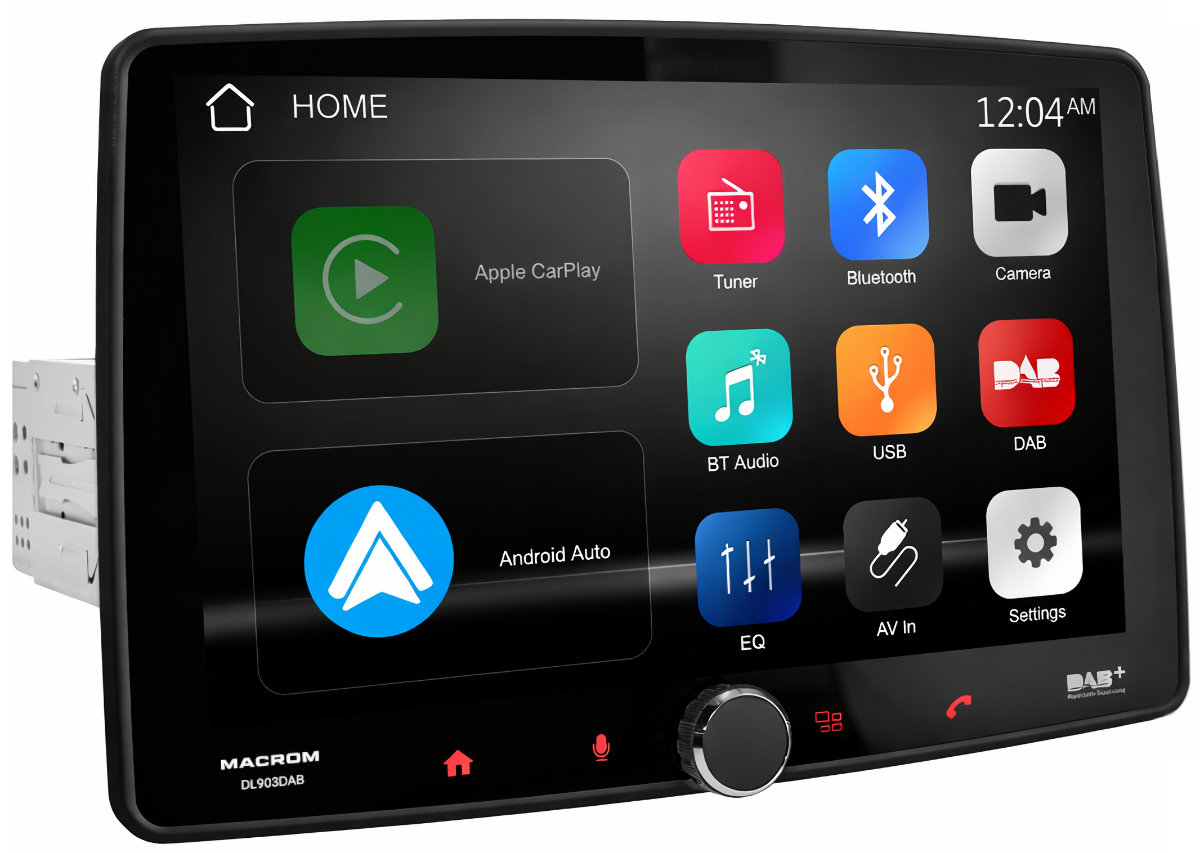Monitor autoradio Macrom DL903DAB, sintomonitor 1 din, schermo 9 pollici estraibile, wi-fi, bluetooth, dab, aux a/v in, pre-out rca e sub.