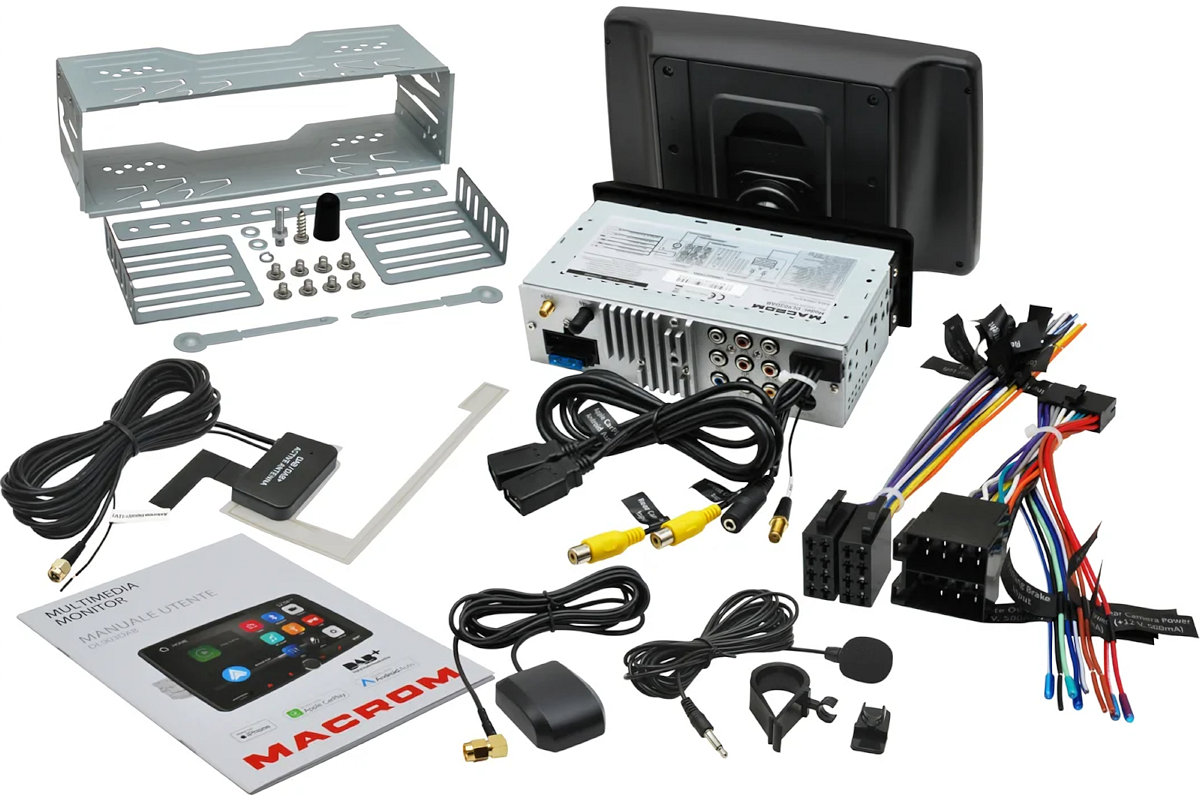Sintomonitor 1 din Macrom DL903DAB, apple car play ed android auto, vista con gli accessori di montaggio compresi nella confezione.