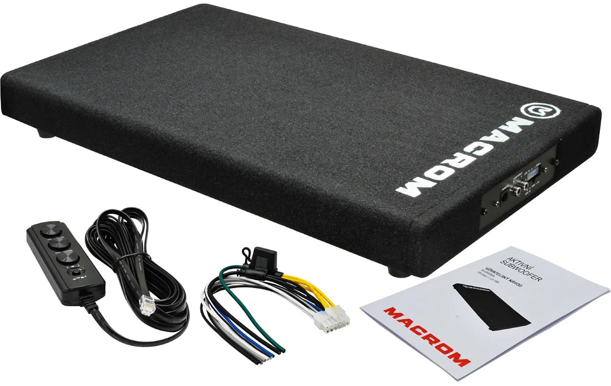 Subwoofer amplificato piatto compatto per baule auto, Macrom M-SW250A, cassa sottile bass reflex con amplificatore, woofer 10 pollici.
