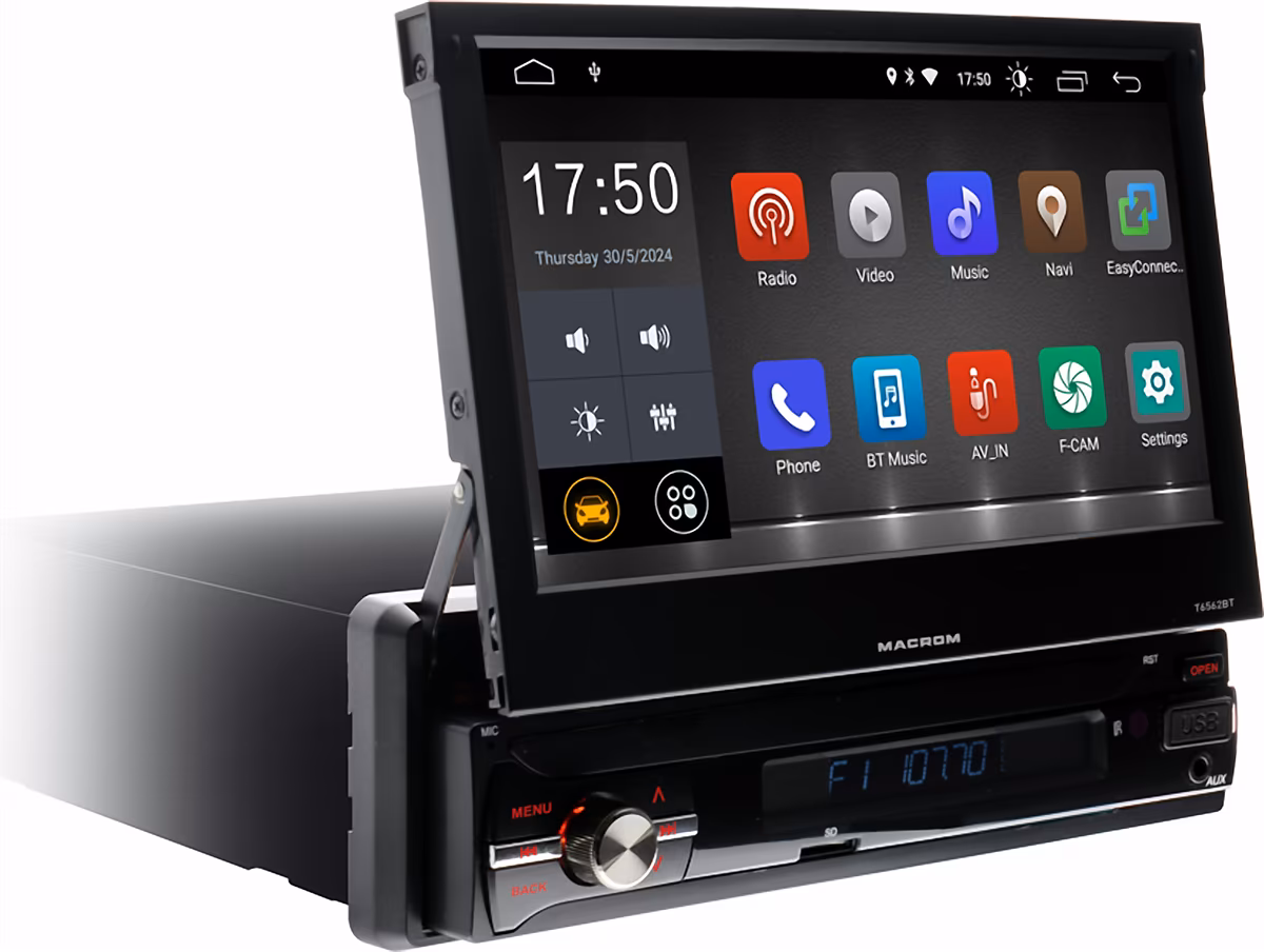 Monitor autoradio Macrom T6562BT, sintomonitor 1 din, schermo motorizzato 7 pollici, wi-fi, bluetooth, aux a/v in, pre-out rca e sub.