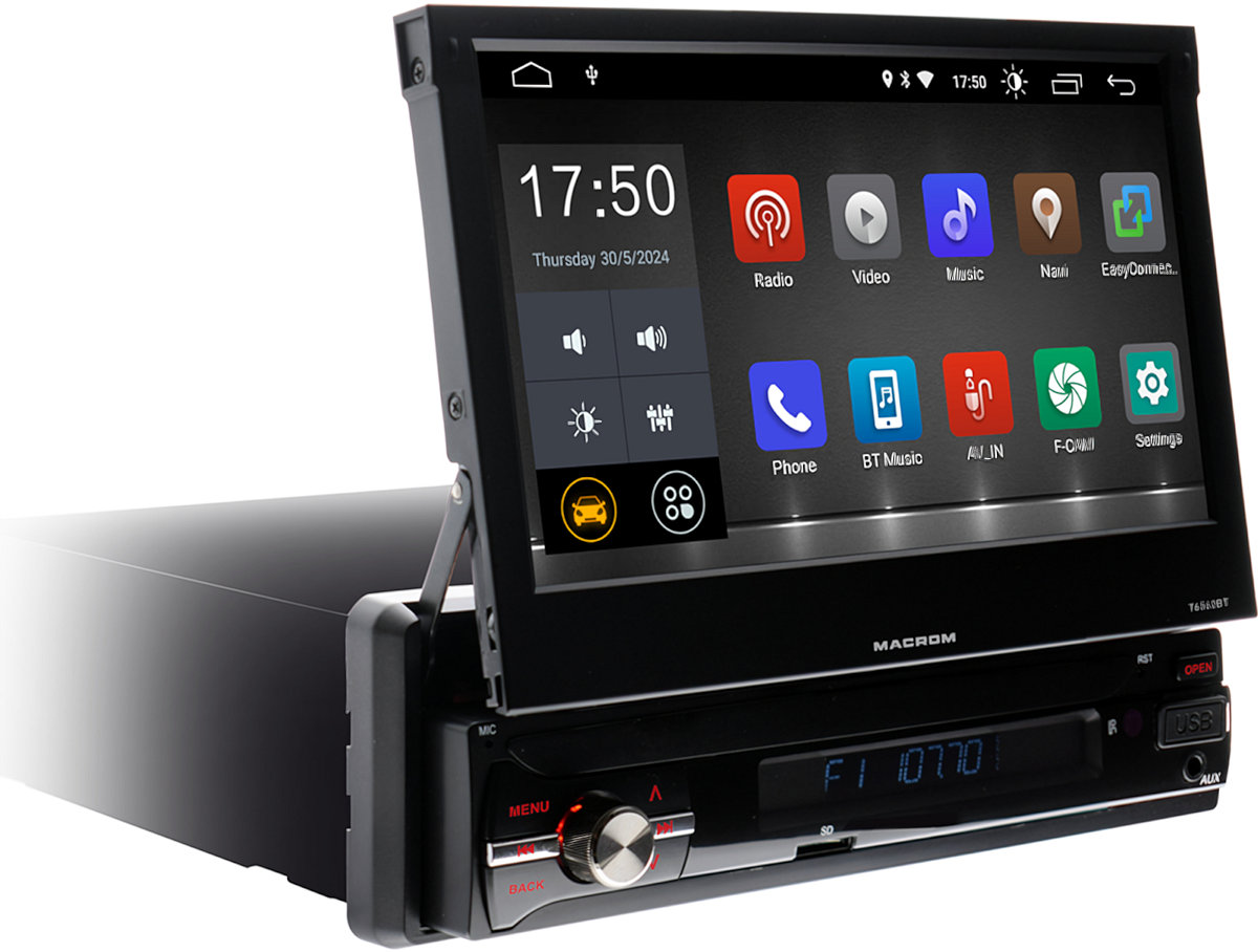 Monitor autoradio Macrom T6562BT, sintomonitor 1 din, schermo motorizzato 7 pollici, wi-fi, bluetooth, aux a/v in, pre-out rca e sub.