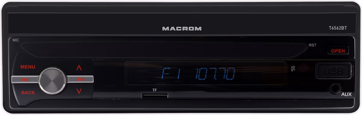 Monitor autoradio Macrom T6562BT, mirroring dello smartphone, vista del sintomonitor chiuso nello slot 1 din.