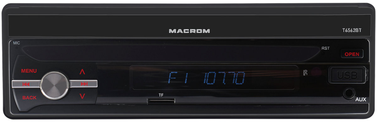 Monitor autoradio Macrom T6562BT, mirroring dello smartphone, vista del sintomonitor chiuso nello slot 1 din.