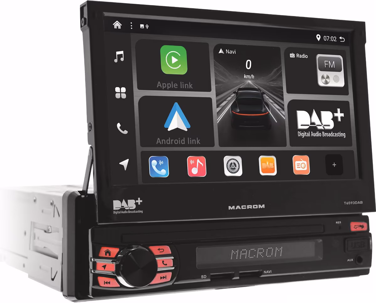 Monitor autoradio Macrom T6593DAB, sintomonitor 1 din, schermo motorizzato 7 pollici, wi-fi, bluetooth, aux a/v in,  pre-out rca e sub.
