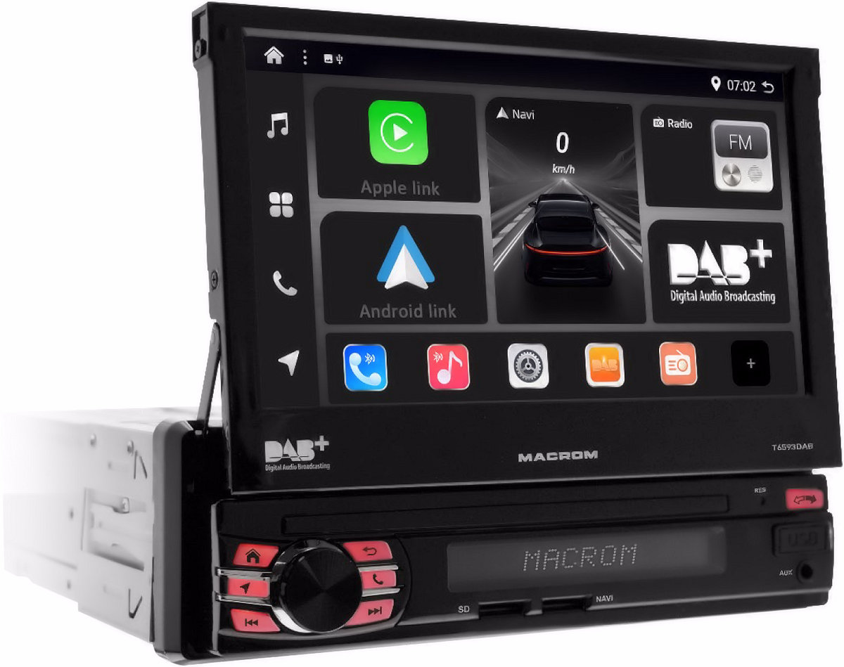 Monitor autoradio Macrom T6593DAB, sintomonitor 1 din, schermo motorizzato 7 pollici, wi-fi, bluetooth, aux a/v in, pre-out rca e sub.