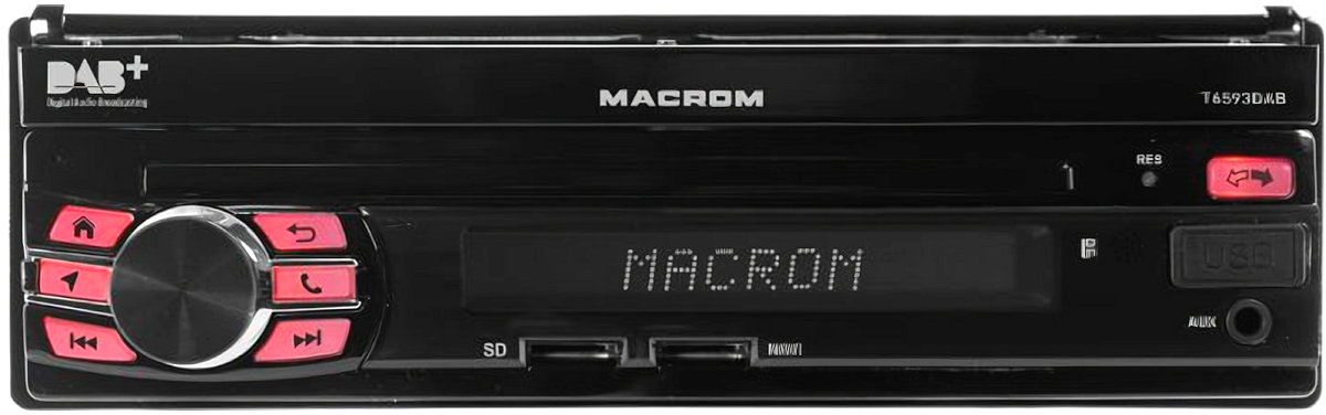 Monitor autoradio Macrom T6593DAB, apple carplay ed android auto, vista del sintomonitor chiuso nello slot 1 din.