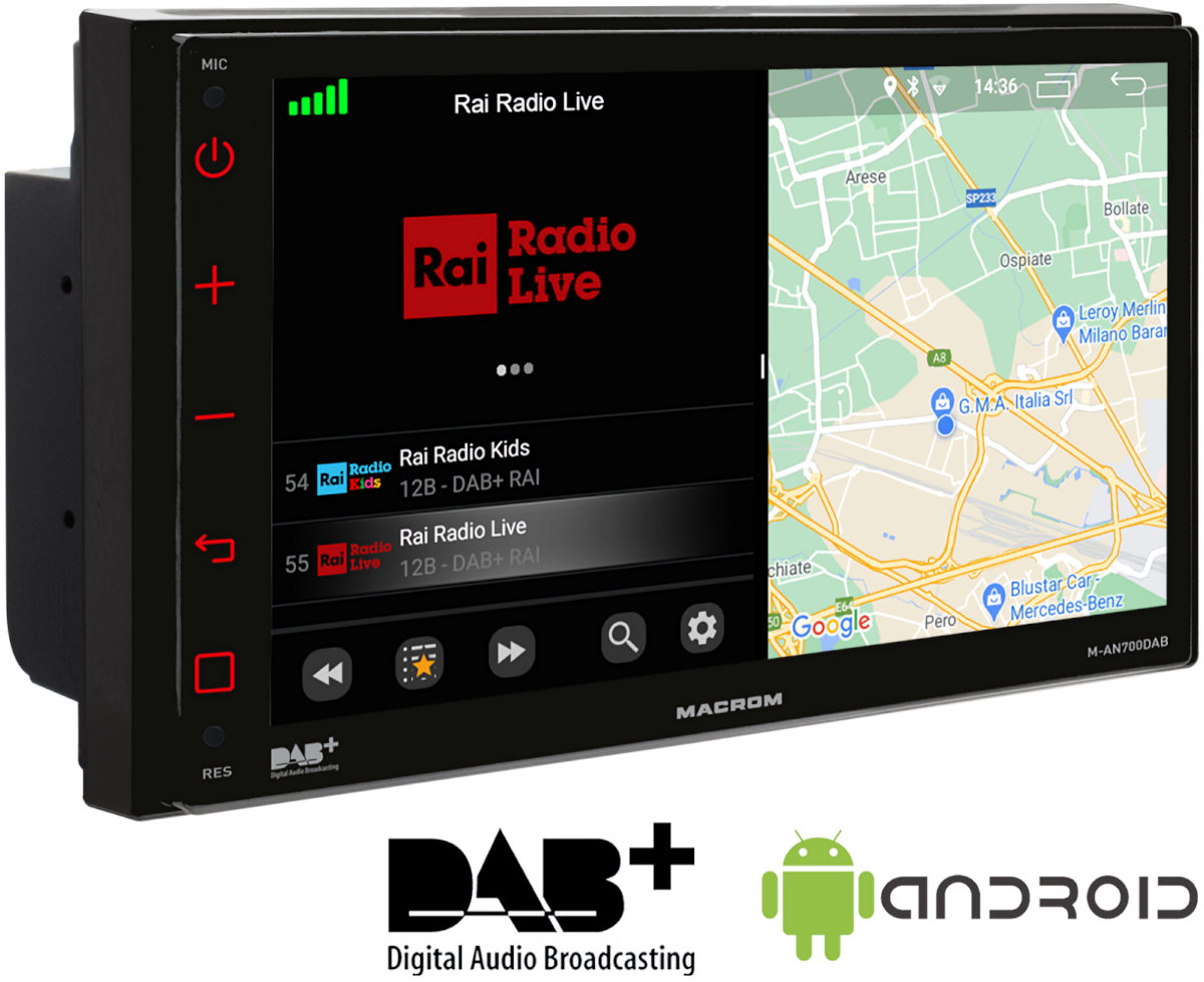 Monitor autoradio Macrom M-AN700DAB, sintomonitor 2 din, con schermo touch, wi-fi, vivavoce bluetooth e streaming audio musicale,  sintonizzatore radio digitale dab e ricevitore fm am, porta usb, ingresso audio aux-in, uscite pre-out rca, uscita per subwoofer,  sistema operativo android, ingresso telecamera di retromarcia, colore illuminazione tasti blu.