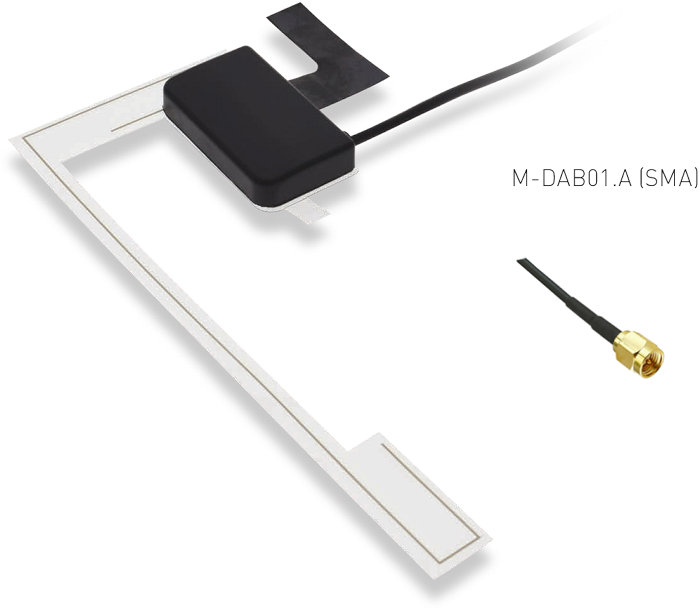 Antenna DAB per auto Macrom M-DAB01.A SMA, con connettore SMA, adesiva per parabrezza.