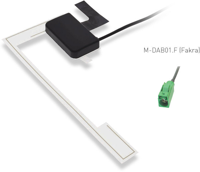 Antenna DAB per auto Macrom M-DAB01.F FAKRA, con connettore FAKRA, adesiva per parabrezza.