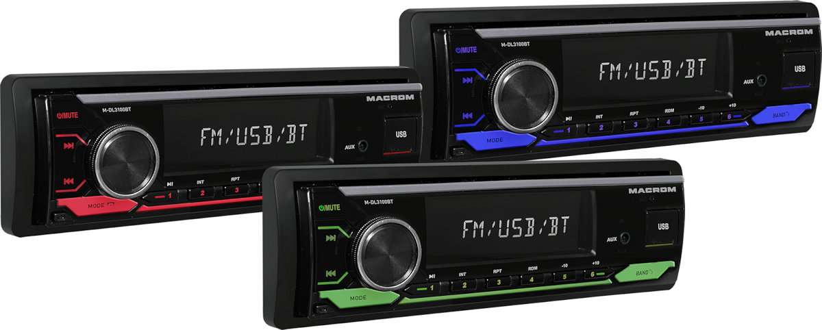 Autoradio 1 din, stereo per auto, modello Macrom M-DL3100BT, vivavoce bluetooth e streaming audio musicale,  sintonizzatore radio stereo analogico fm am con rds, porta usb, lettore di schede sd, ingresso audio aux-in,  2 uscite pre-out rca full range, microfono esterno, illuminazione tasti 7 colori modificabili.