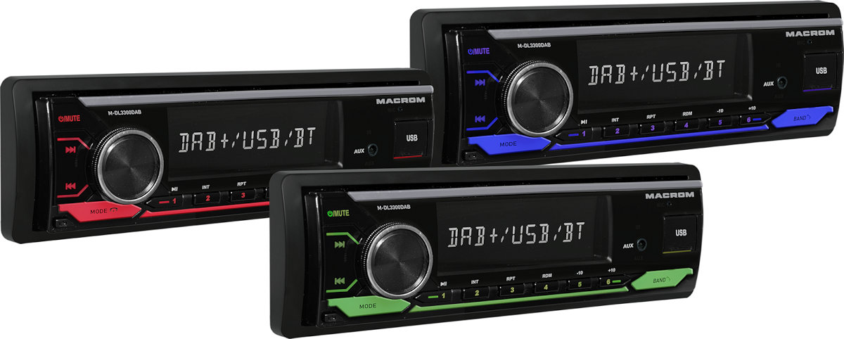 Autoradio 1 din, stereo per auto, modello Macrom M-DL3300DAB, vivavoce bluetooth e streaming audio musicale,  sintonizzatore radio digitale dab con antenna inclusa e ricevitore fm am, porta usb, lettore di schede sd, ingresso audio aux-in,  2 uscite pre-out rca full range, microfono esterno, illuminazione tasti 7 colori modificabili.