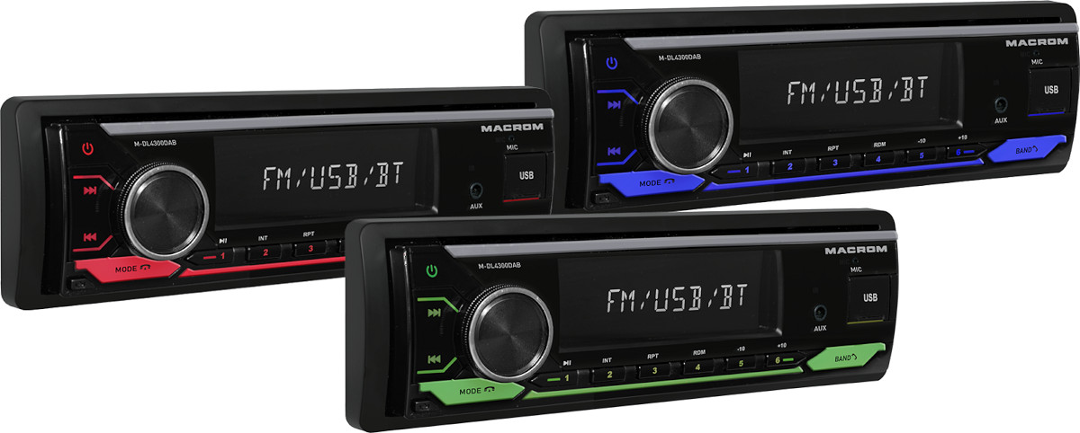 Autoradio 1 din, stereo per auto, modello Macrom M-DL4300DAB, vivavoce bluetooth e streaming audio musicale,  sintonizzatore radio digitale dab con antenna inclusa e ricevitore fm am, porta usb, lettore di schede sd, ingresso audio aux-in,  2 uscite pre-out rca full range, microfono integrato, illuminazione tasti 7 colori modificabili.
