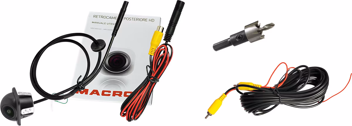Retrocamera di parcheggio ad incasso 45° per auto Macrom M-RC1990AHQ, telecamera frontale full hd, cavi rca e alimentazione 6m.