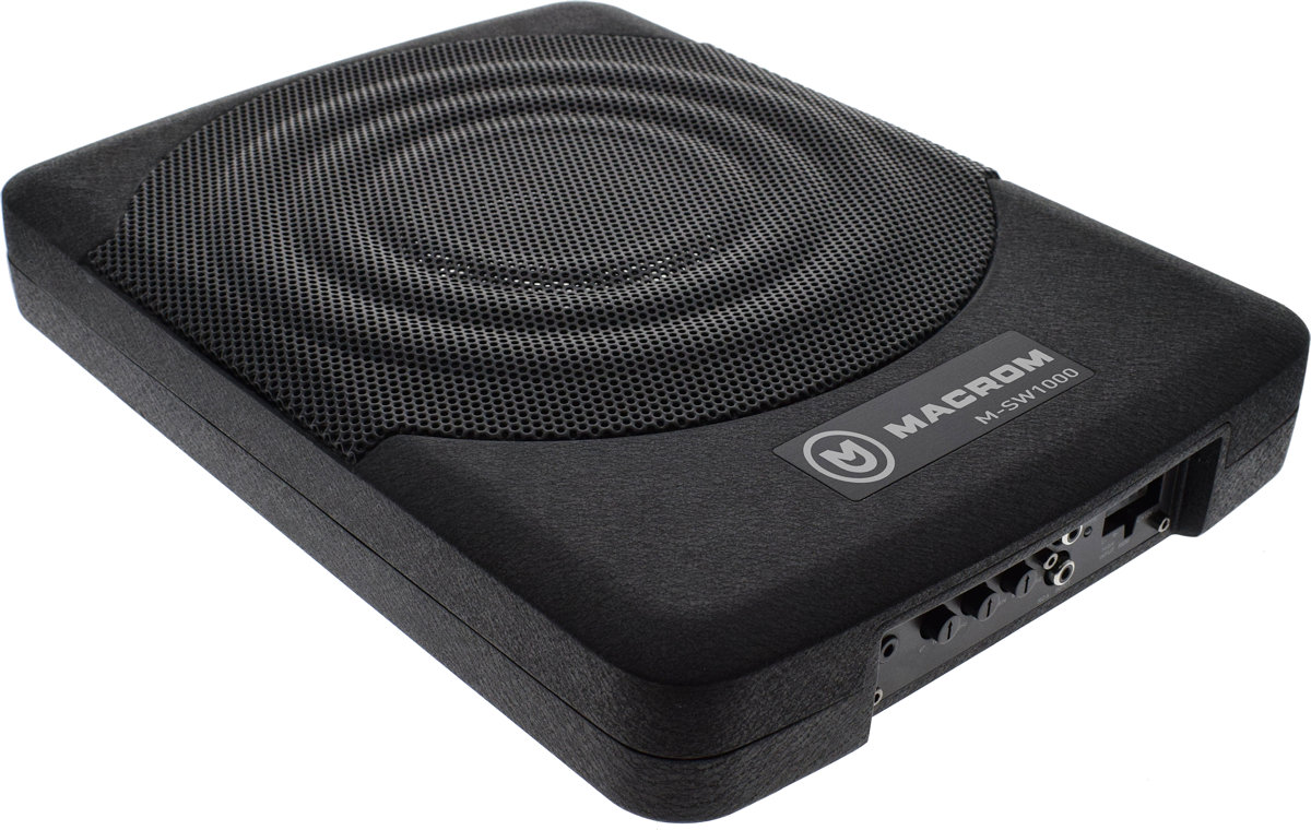 Subwoofer per auto sotto sedile, attivo da 25 cm, in cassa chiusa sottile, piatto compatto con amplificatore, modello Macrom M-SW1000,  sub woofer amplificato 10 pollici, per installazione sottosedile, in un piccolo spazio dell'abitacolo oppure nel baule portabagagli.