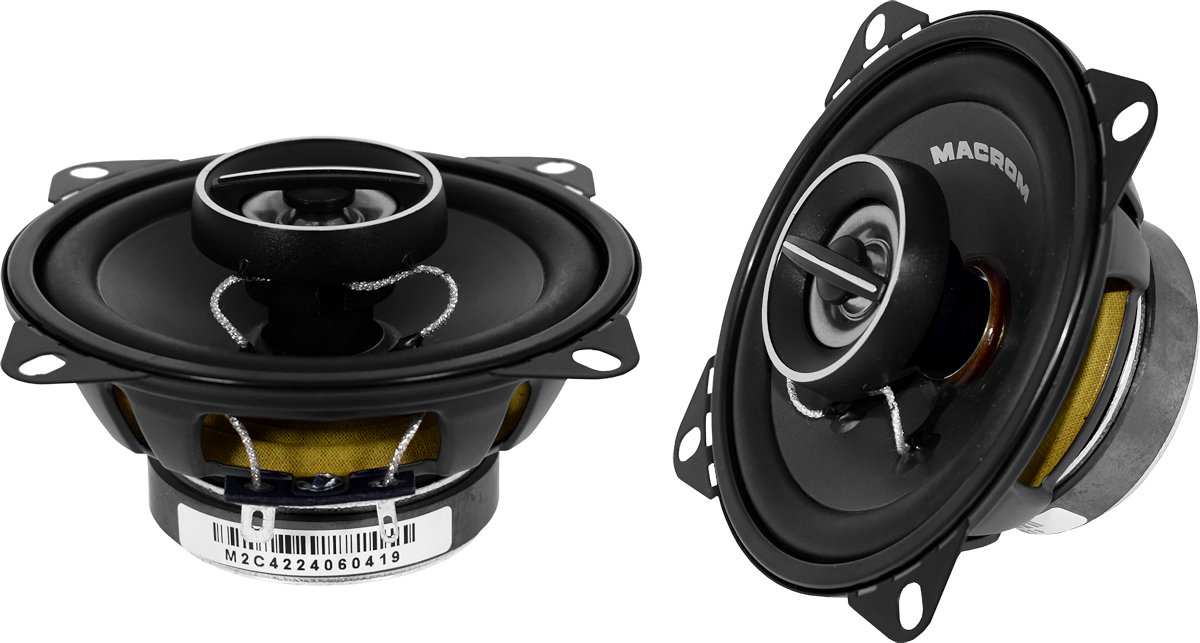 Altoparlanti per auto da 10 cm, modello Macrom M2C42, casse a 2 vie coassiali, con woofer diametro 100 mm (4 pollici) e tweeter,  per installazione nella predisposizione delle portiere oppure su pannello personalizzato.