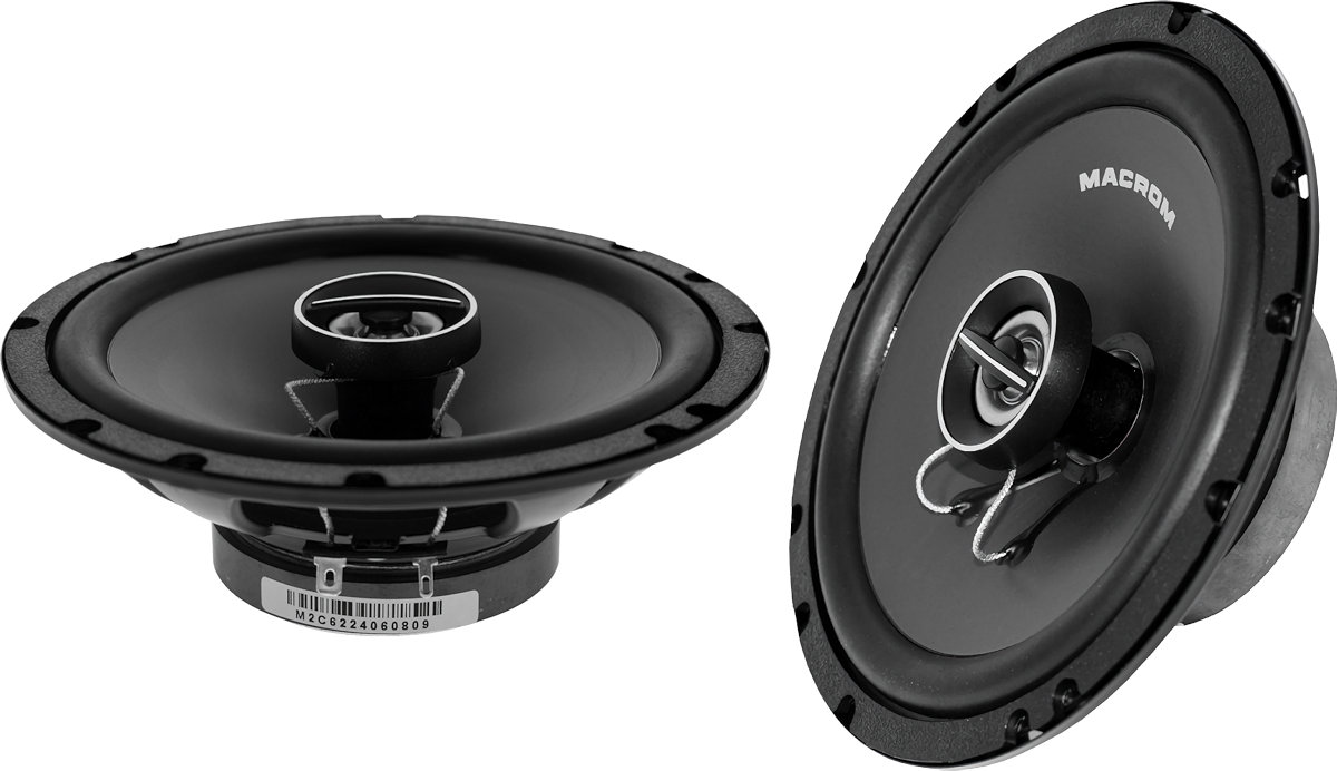 Altoparlanti per auto da 165 mm, modello Macrom M2C62, casse a 2 vie coassiali, con woofer diametro 16,5 cm (6.5 pollici) e tweeter,  per installazione nella predisposizione delle portiere oppure a pannello pianale sulla cappelliera. Vista principale.