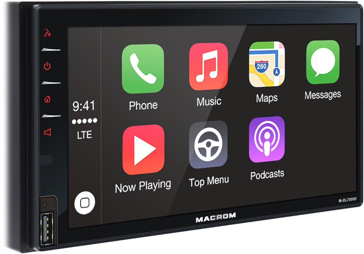 Monitor autoradio Macrom M-DL7000D, sintomonitor 2 din, con schermo touch, vivavoce bluetooth e streaming audio musicale,  sintonizzatore radio digitale dab e ricevitore fm am, porta usb, ingresso audio aux-in, uscite pre-out rca, uscita per subwoofer,  apple car-play e android auto, ingresso telecamera di retromarcia, colore illuminazione tasti bianco e rosso.