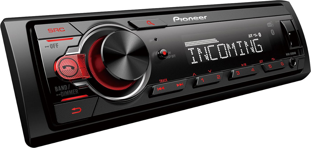 Autoradio 1 din, stereo per auto Pioneer MVH-330DAB, bluetooth, dab am fm, usb, aux-in, 1 pre-out rca, tasti colore rosso.